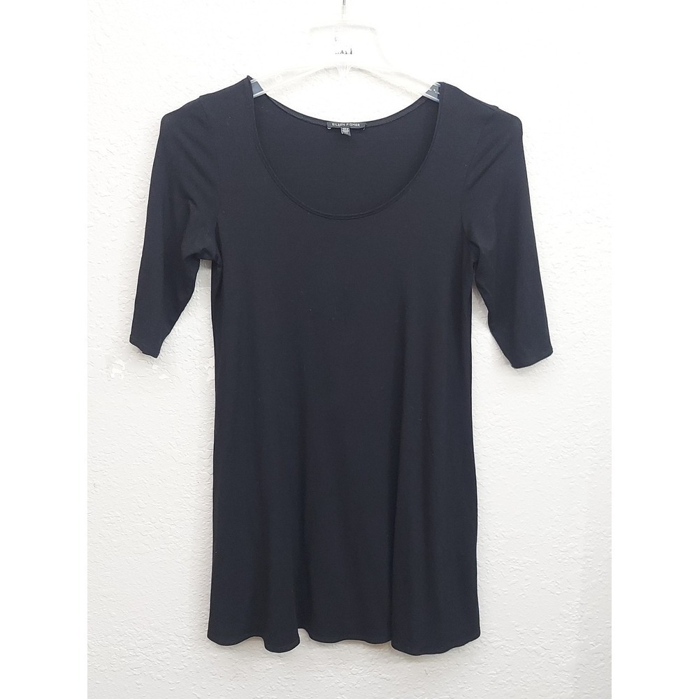 Eileen Fisher Dress Extra Small Black 3/4 Sleeve Pullover Knee Swing Scoop Neck